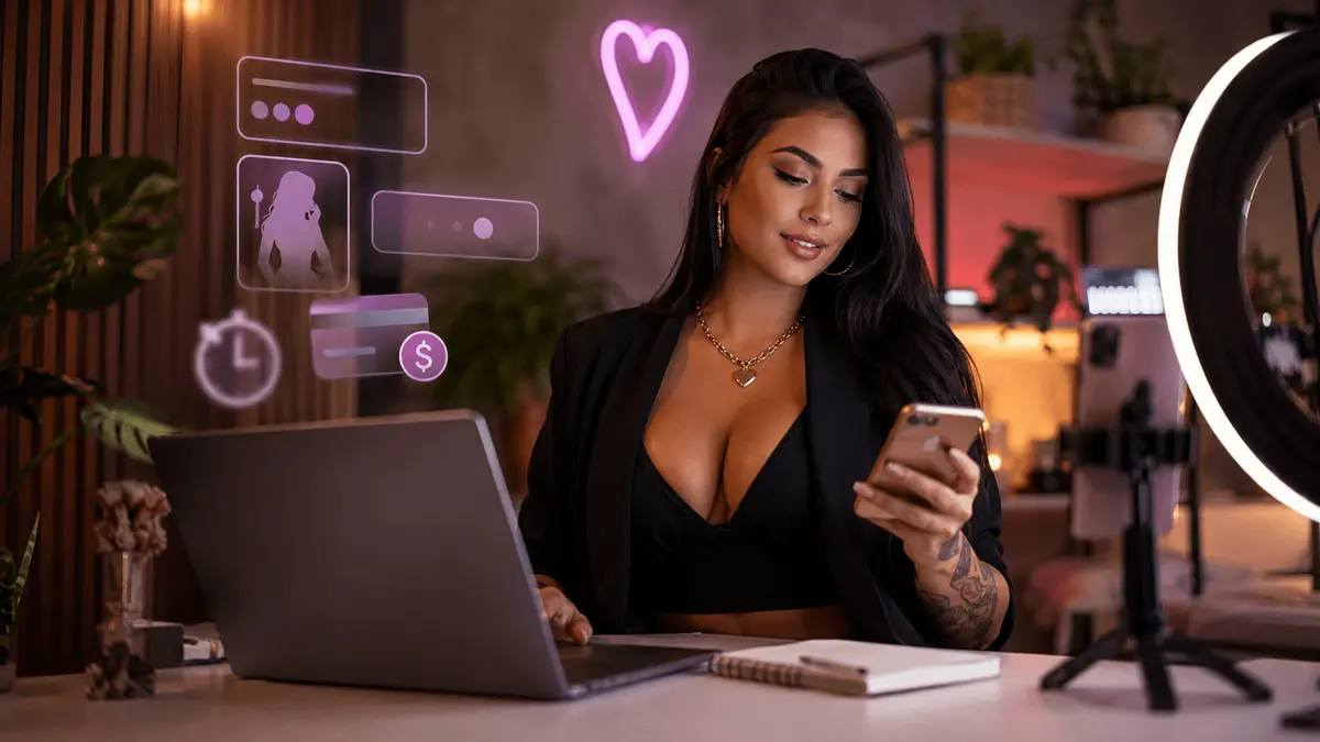 Criadora adulta brasileira usando o celular para trabalhar com chat adulto e sexting pago na Intimy Fans